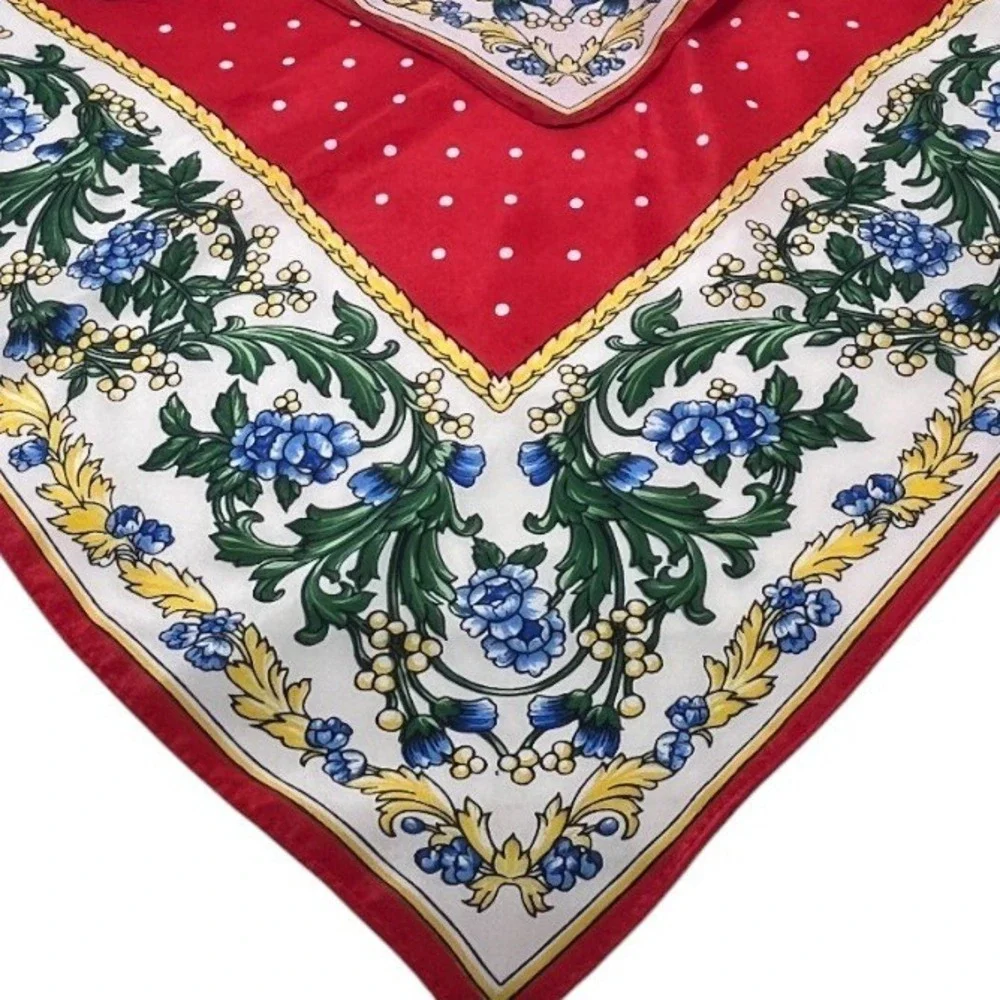 Red Floral Polka Dot Women's Square Scarf Preppy Old‎ Money French Girl Office